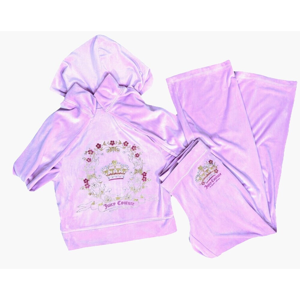 Juicy Couture Velour Tracksuit Pink Floral Bloom Crown Bling Set Y2K M